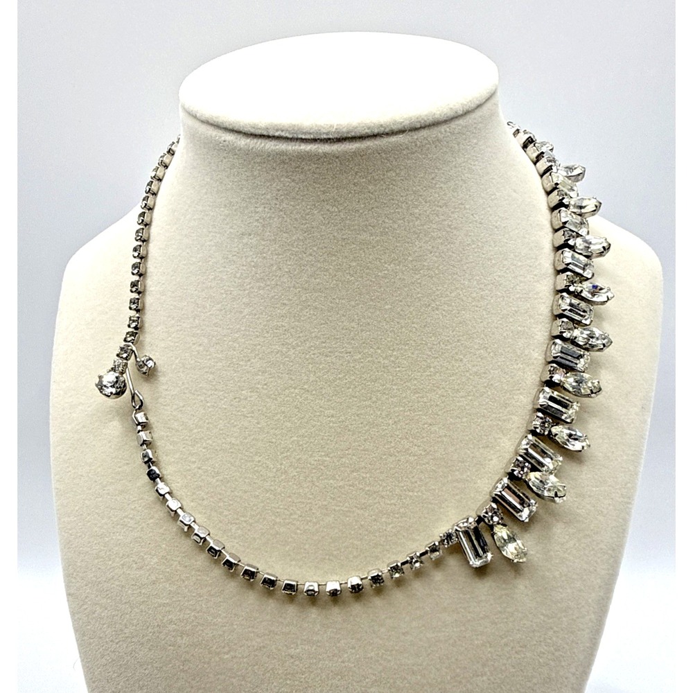 VINTAGE WEISS RHINESTONE CRYSTAL NECKLACE CHOCKER 14" CLEAR COLOR Retro - Picture 2 of 8